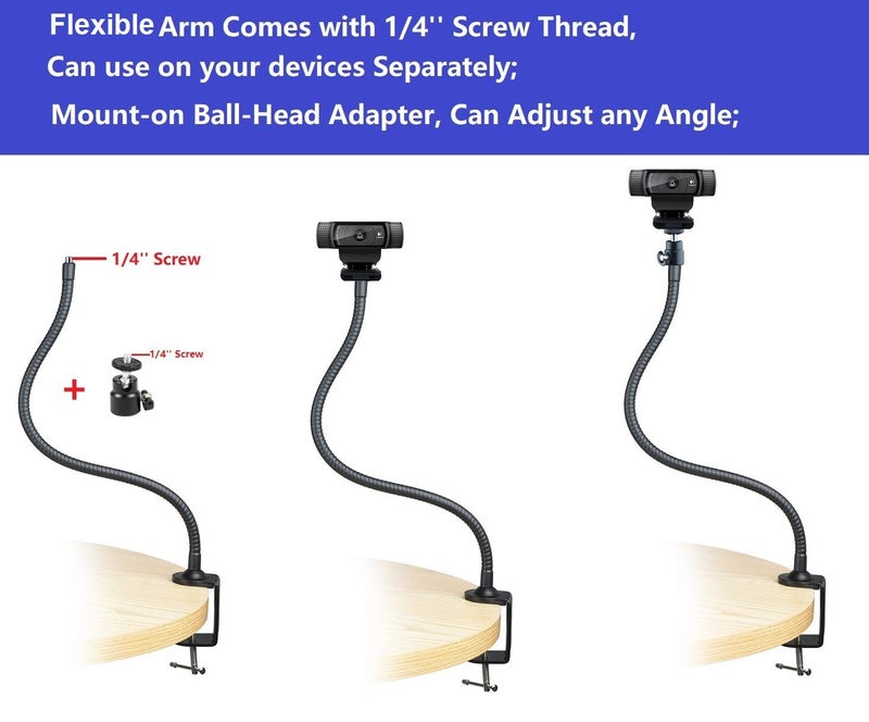 AceTaken 25 inch Flexible Jaw Arm Clamp Mount Holder Stand Compatible with Logitech Webcam C920s C925e C922 C930 C615 Brio StreamCam - Image 5